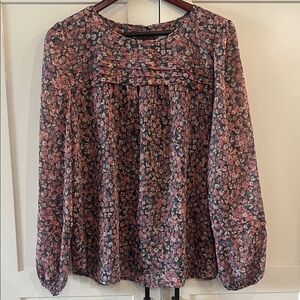 LOFT Floral Pintuck Long Sleeve Blouse - Black with Pink & Peach Flowers